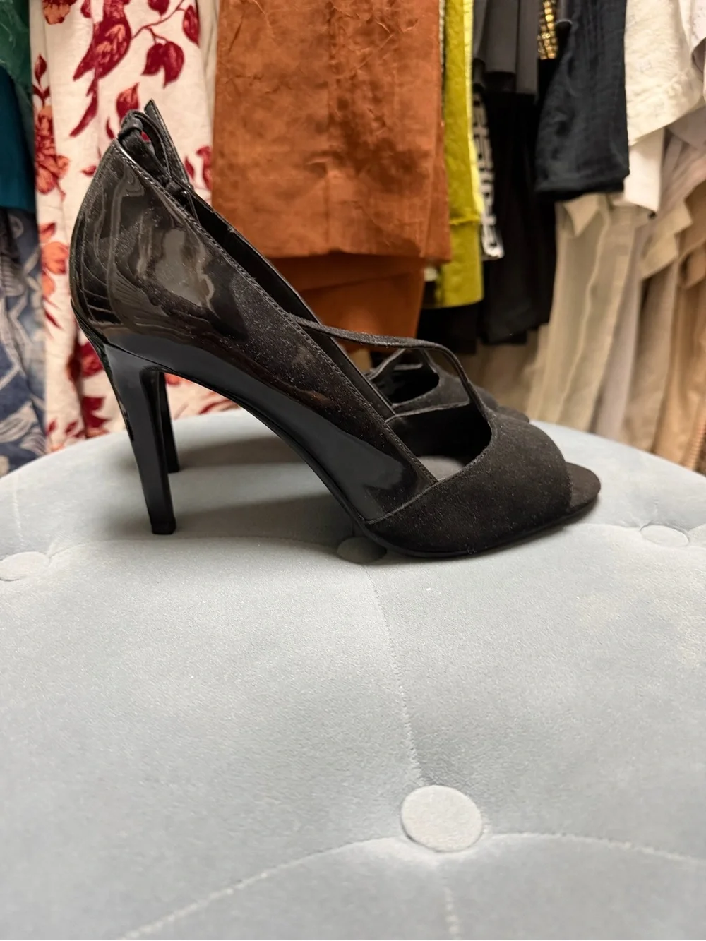 Calvin Klein Black Suede T-Strap Peep-Toe Heels